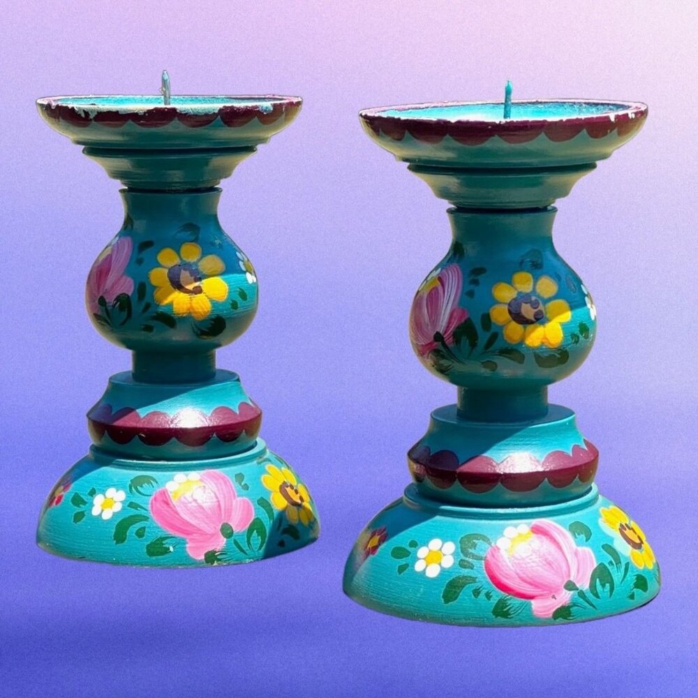 Vintage Austrian Folk Art Hand Painted Blue with Flowers Wood Candle Holders